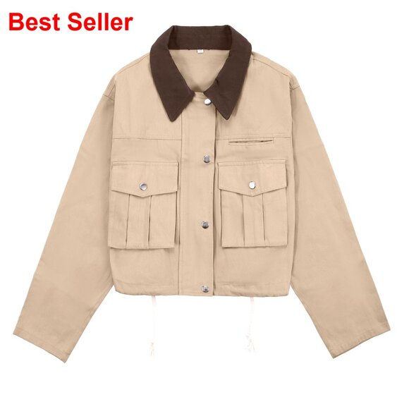 Women's Cropped Utility Jacket Cotton Button Front Casual Coat Barn Style